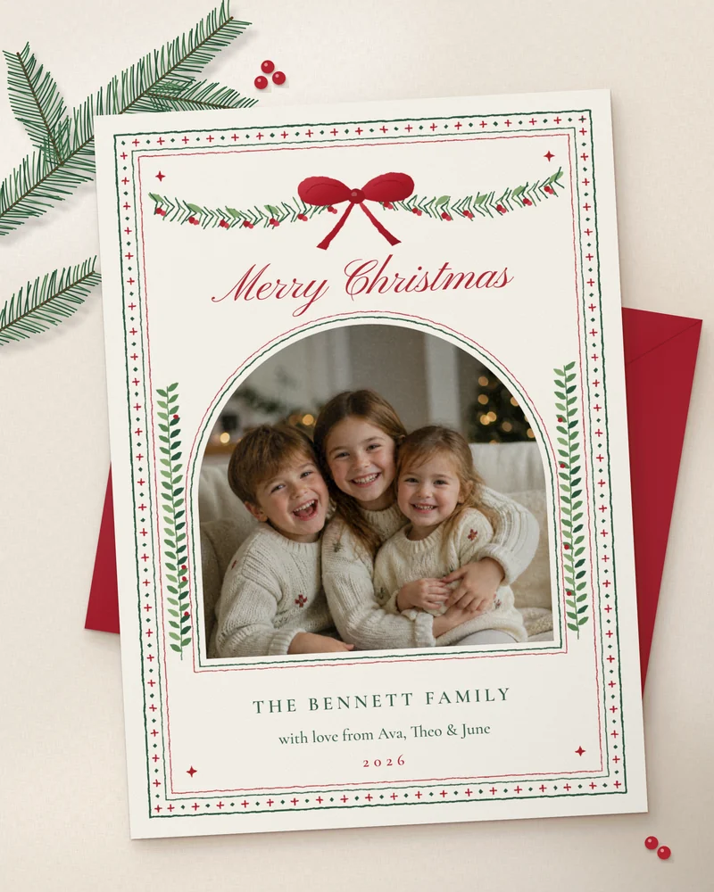 A cream Merry Christmas photo card with a hand-drawn evergreen border and red bow, three laughing children in an arched window, signed The Bennett Family 2026