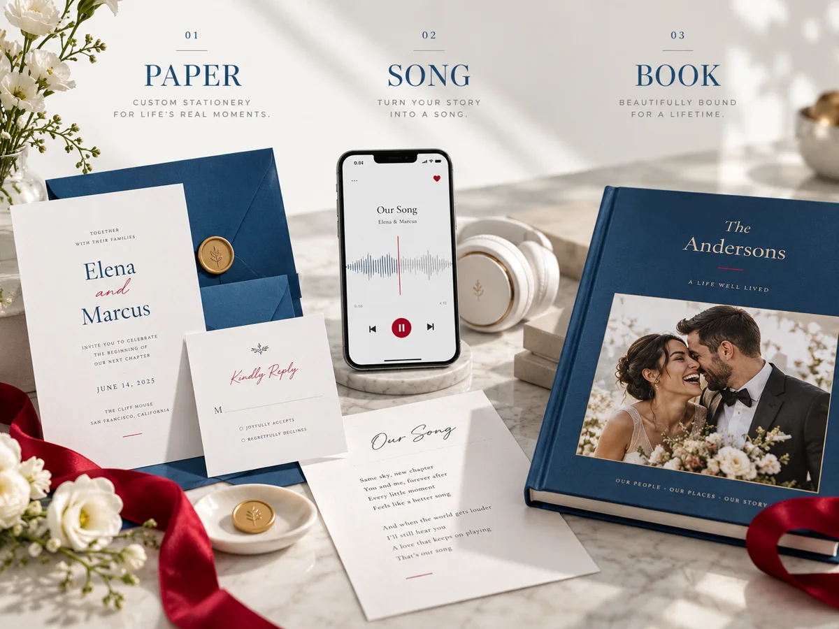 vowbaby: Paper, SONG and BOOK. A navy wedding invitation suite, a personal song playing on a phone with a lyric sheet, and a linen-bound life story book