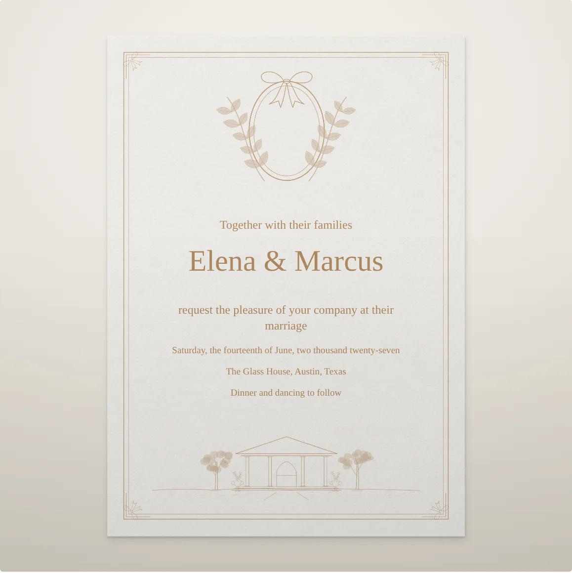 Promise by vowbaby: fine double rules, tied-ribbon crest and garden pavilion, caramel ink on cotton