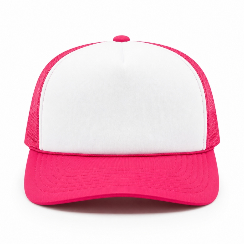 Five-panel foam trucker hat: white foam front with the vowbaby cherry, hot pink bill and mesh, VOWBABY in small type at the bottom left of the front panel