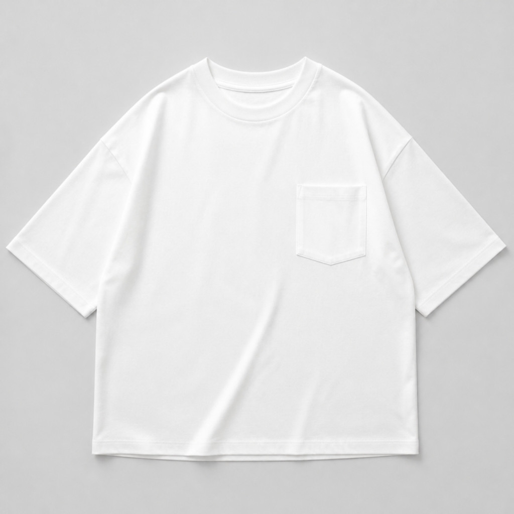 Oversized white pocket tee laid flat: the vowbaby cherry and POP on the left chest pocket
