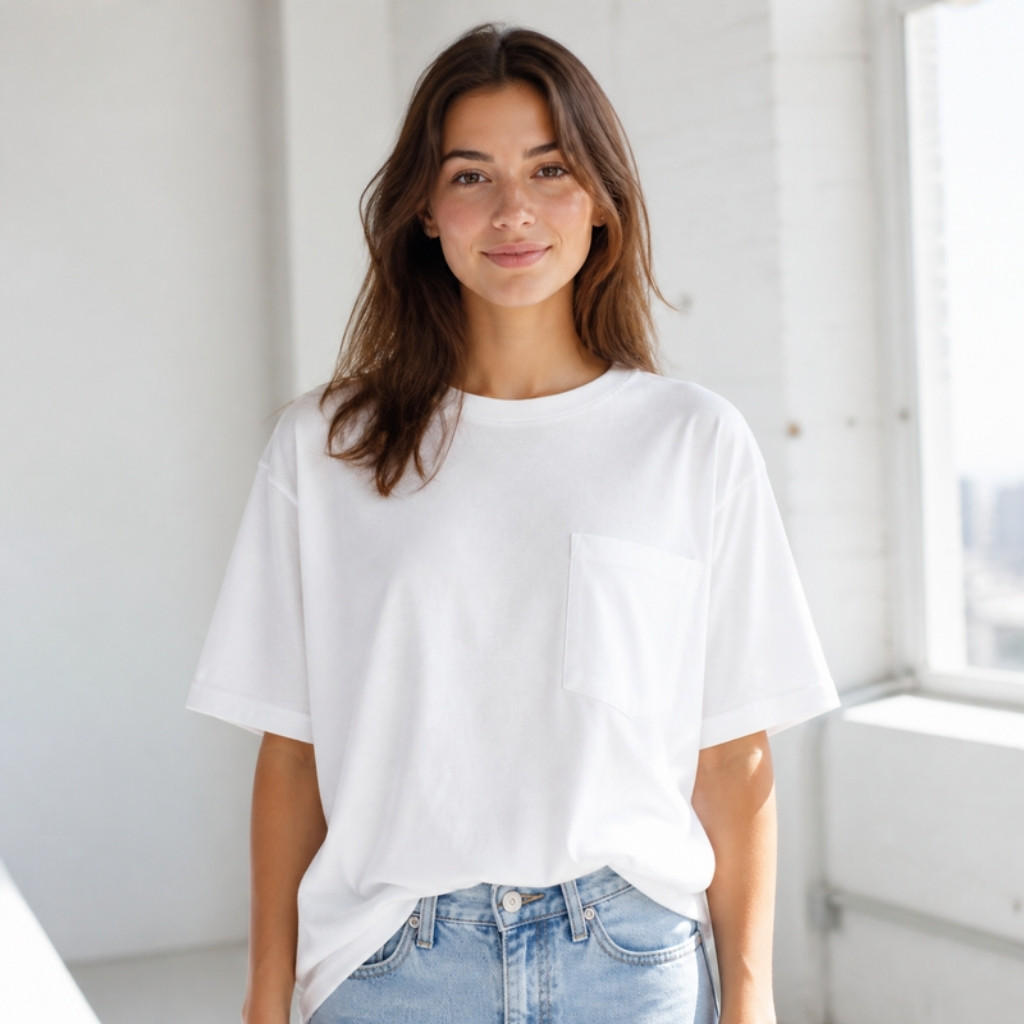 A woman wearing the oversized white pocket tee with the cherry and POP on the left chest pocket