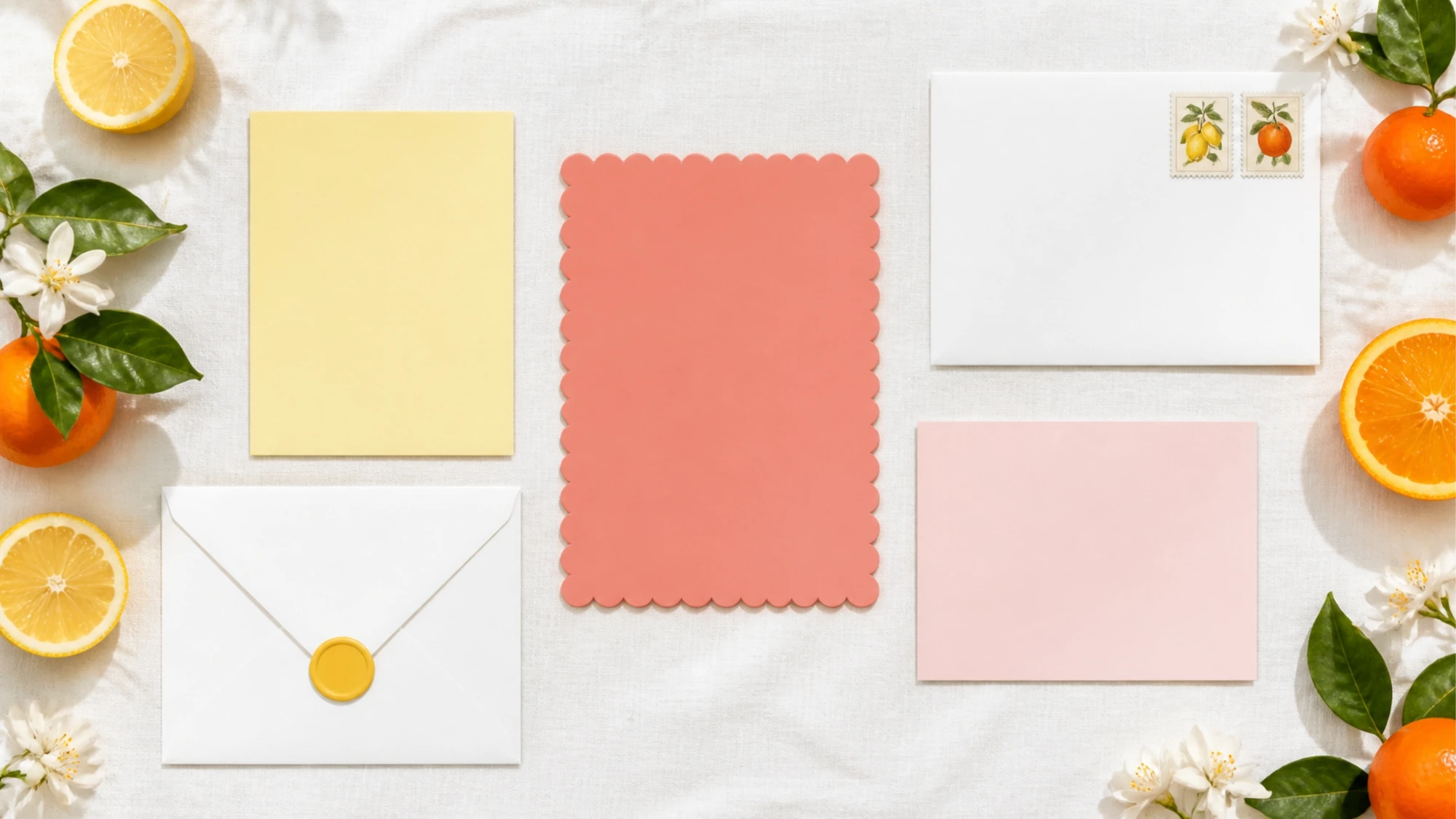 Sample suite, The Ojai Citrus Collection: a scalloped coral wedding invitation, a butter reception card, a blush reply card and a white envelope shown front and back with citrus stamps and a butter-yellow wax seal, styled with lemons, oranges and orange blossom