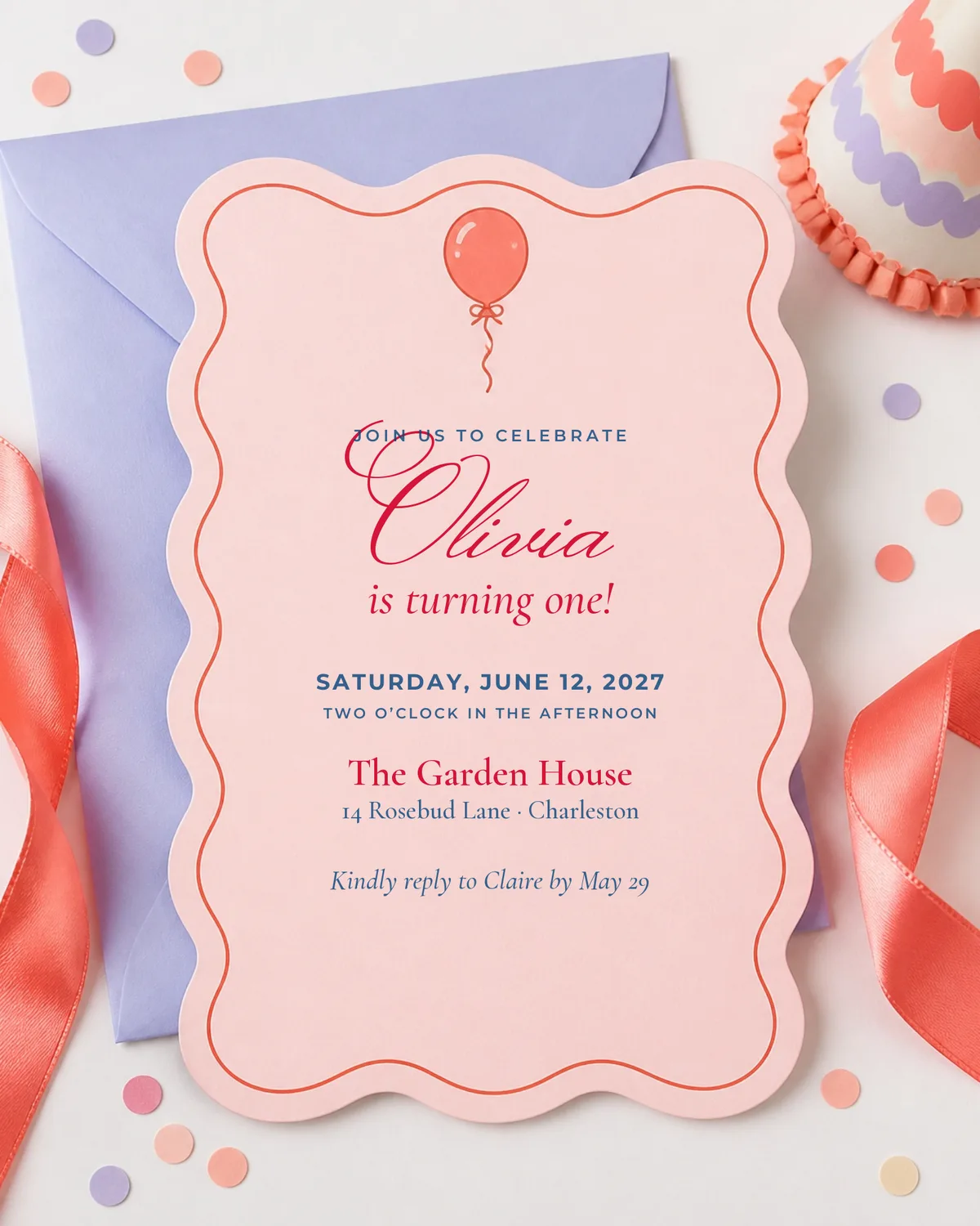 A blush wavy-edged first birthday invitation for Olivia, Saturday, June 12, 2027, with a balloon illustration