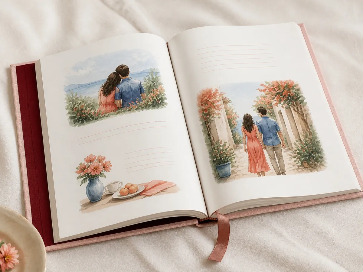 An open blush linen keepsake book with watercolour illustrations of a couple
