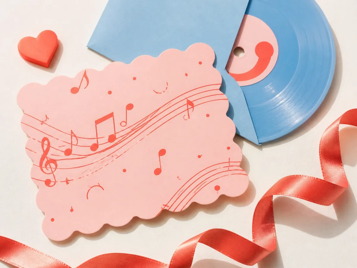 A blush scalloped card printed with cherry music notes beside a soft blue record and coral ribbon
